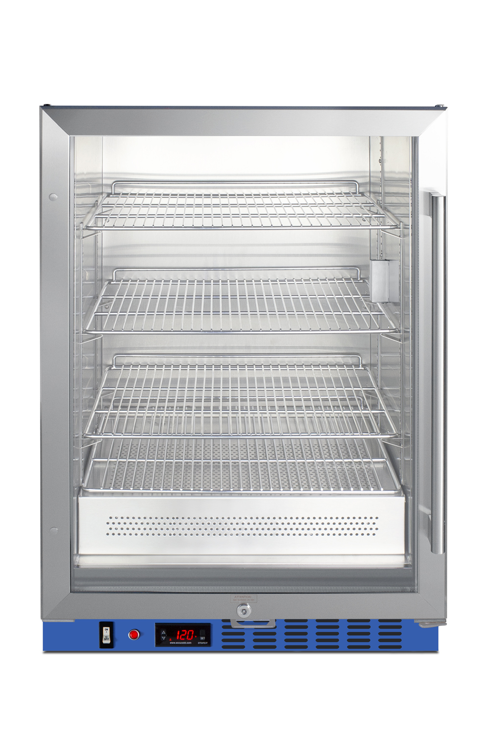 Undercounter single chamber passive heating blanket warmer with glass door, stainless steel interior and exterior, digital thermostat, and lock